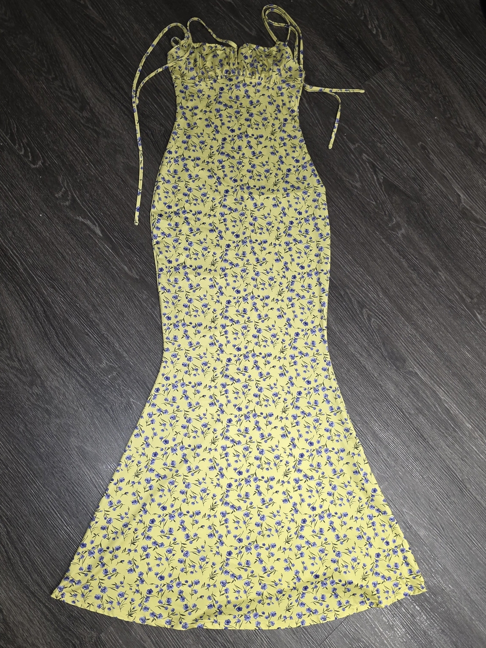 SHEIN Yellow Floral Tie-Strap Maxi Dress with Blue Blooms